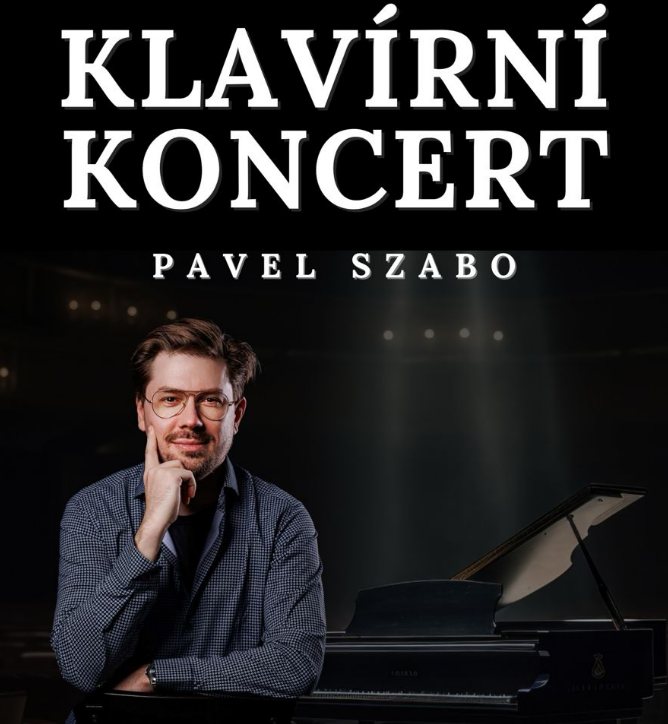 Plakat koncertu: Koncert fortepianowy – Pavel Szabo. Pianista siedzi przy fortepianie.